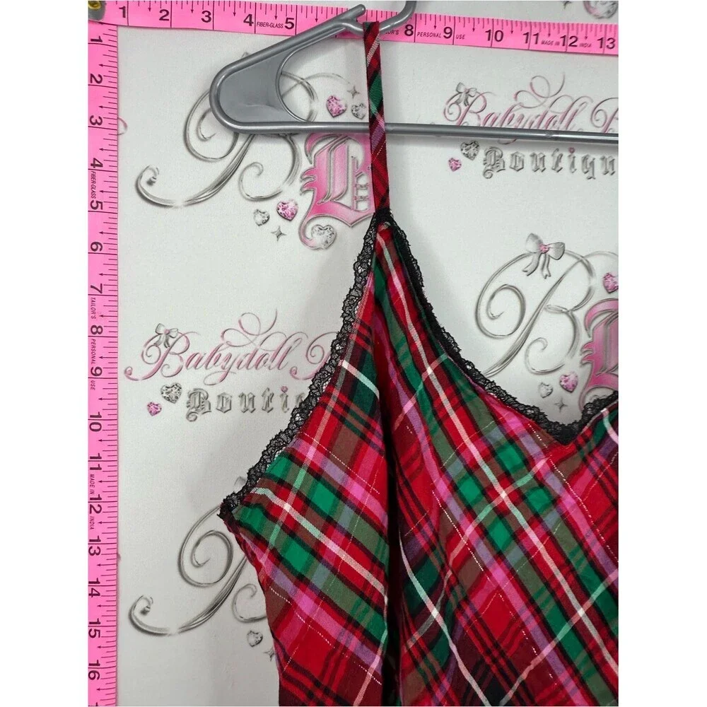Victoria's Secret dress Red Plaid Satin Chemise with Green & Black Accents